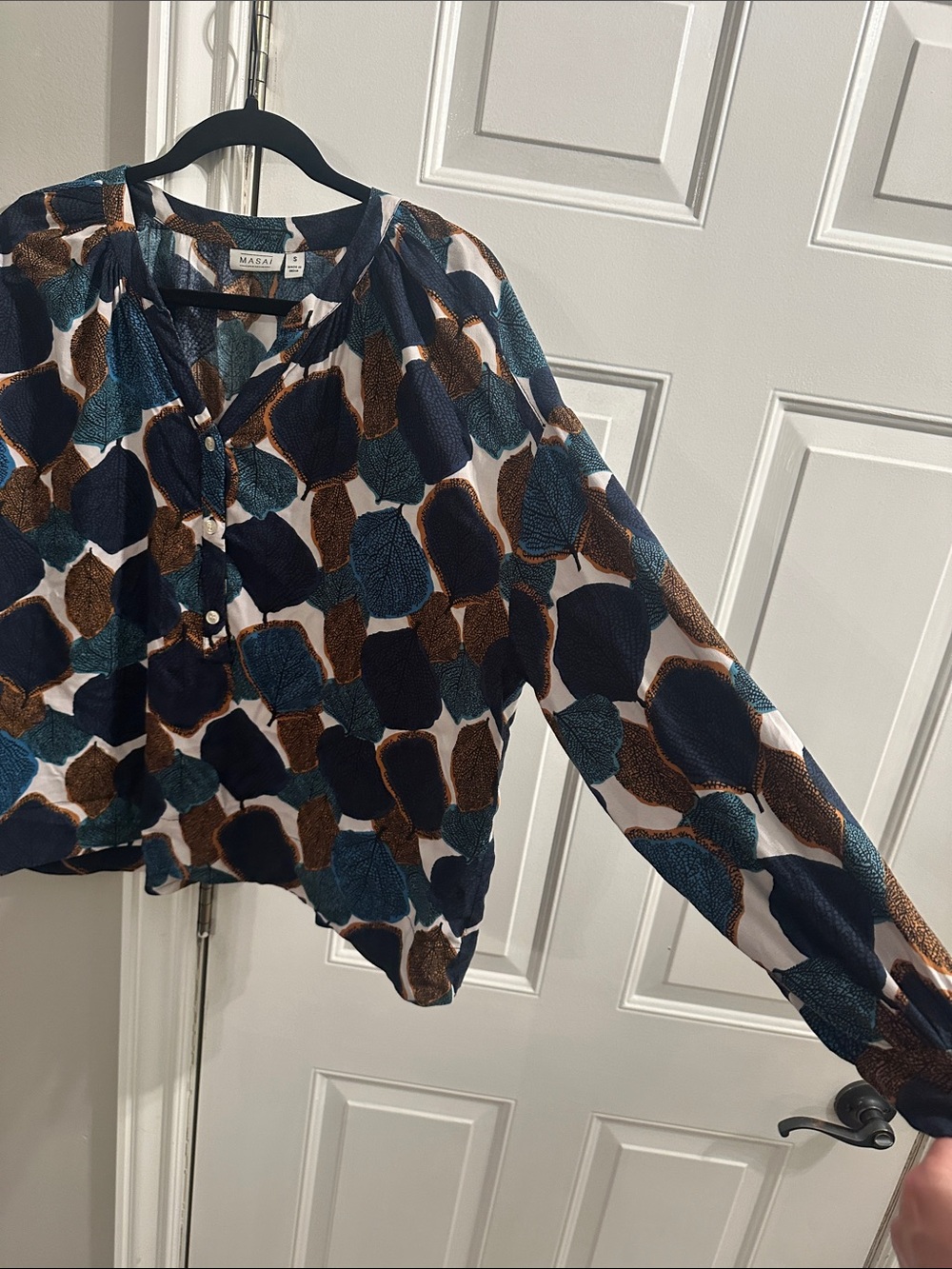 Masai Women's Navy, Teal & Brown Leaf-Print Button Tunic - Picture 11 of 12
